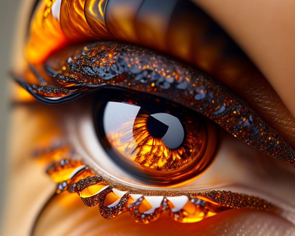 Artistic close-up of stylized eye with golden glitter makeup and fiery hues