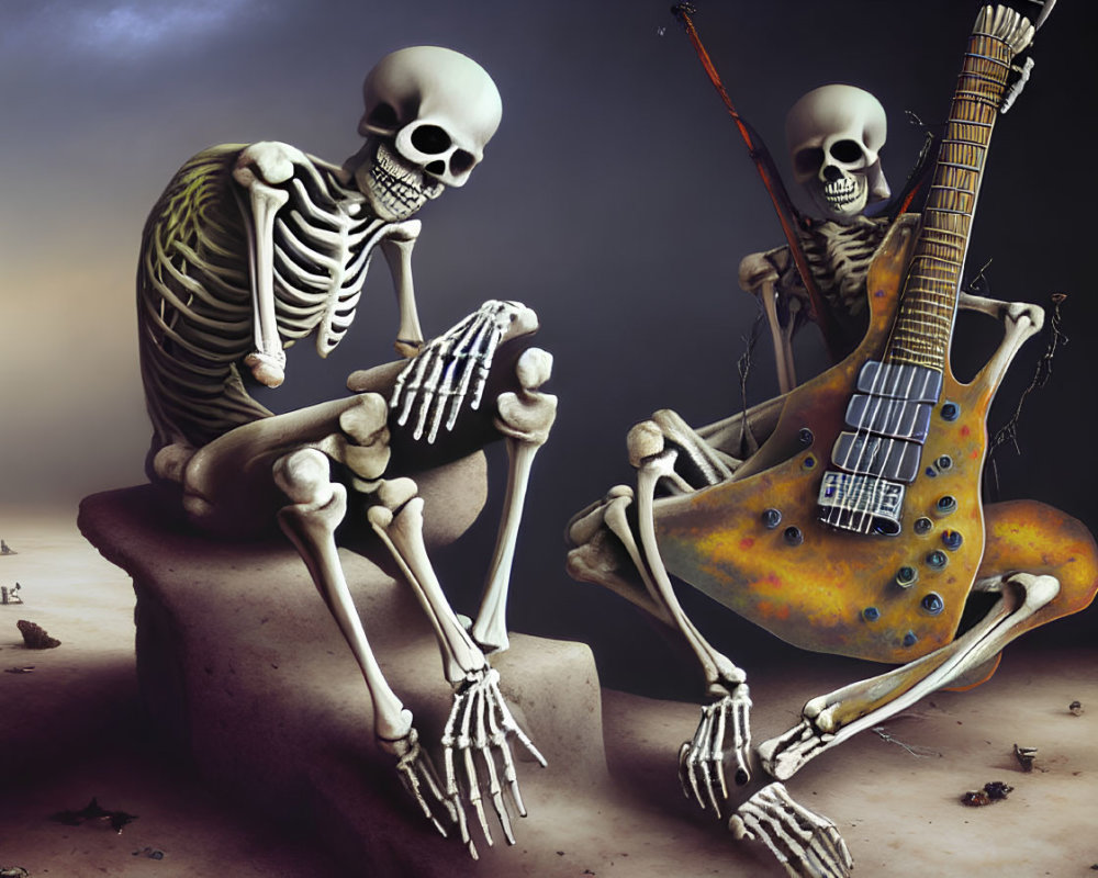 Surreal image of two skeletons, one with guitar, the other deep in thought