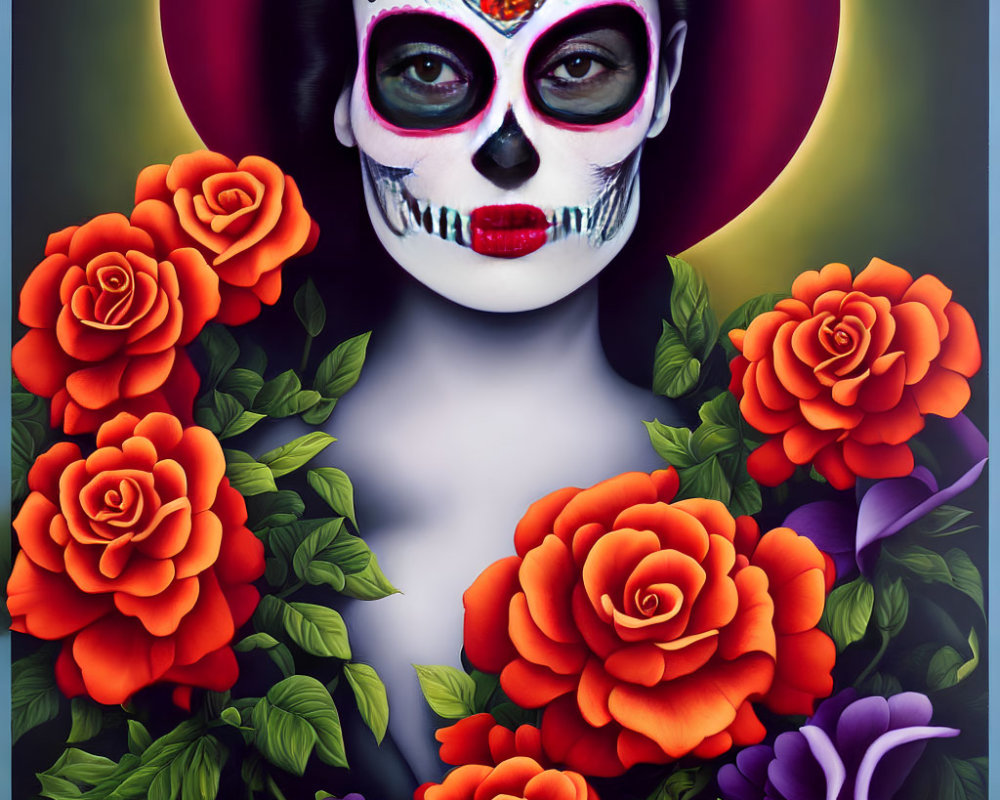 Person with Painted Skull Face Surrounded by Red and Purple Flowers and Hat on Dark Background