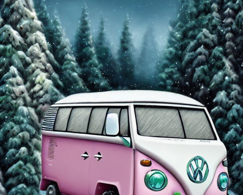 Pink vintage Volkswagen van in snowy landscape with evergreen trees under starry night sky