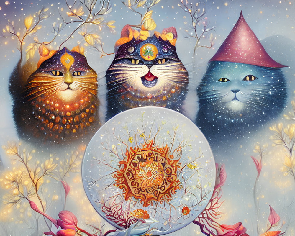 Three whimsical cats in ornate attire in mystical snowy setting