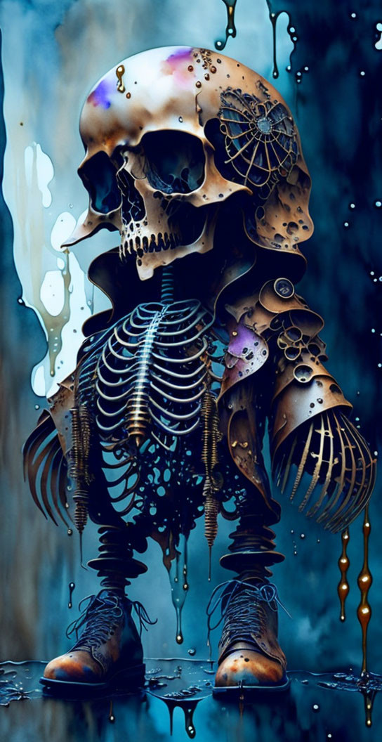 Steampunk-style skeletal figure with mechanical elements on blue background