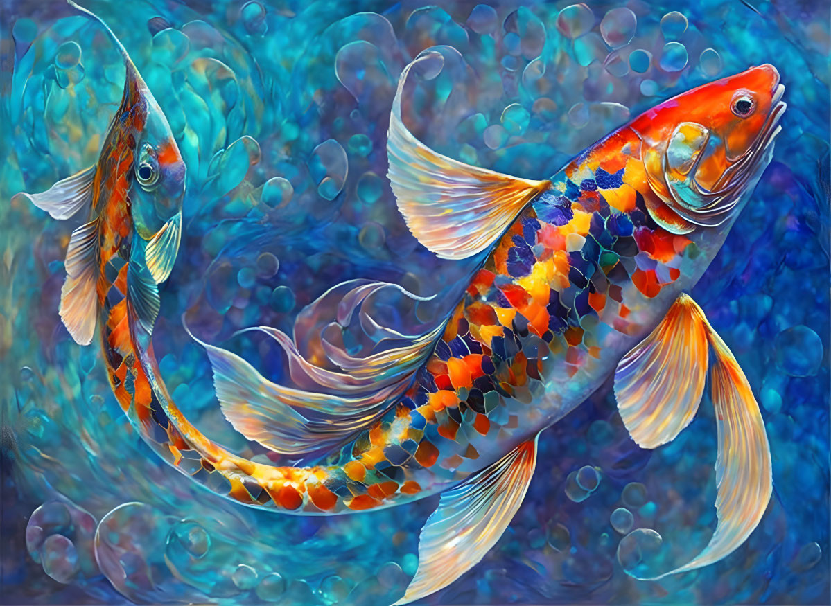 Colorful Fish with Mosaic Pattern in Bubble-Filled Underwater Scene