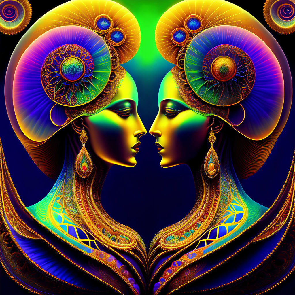 Colorful digital artwork: Symmetrical female profiles with intricate headdresses and earrings.