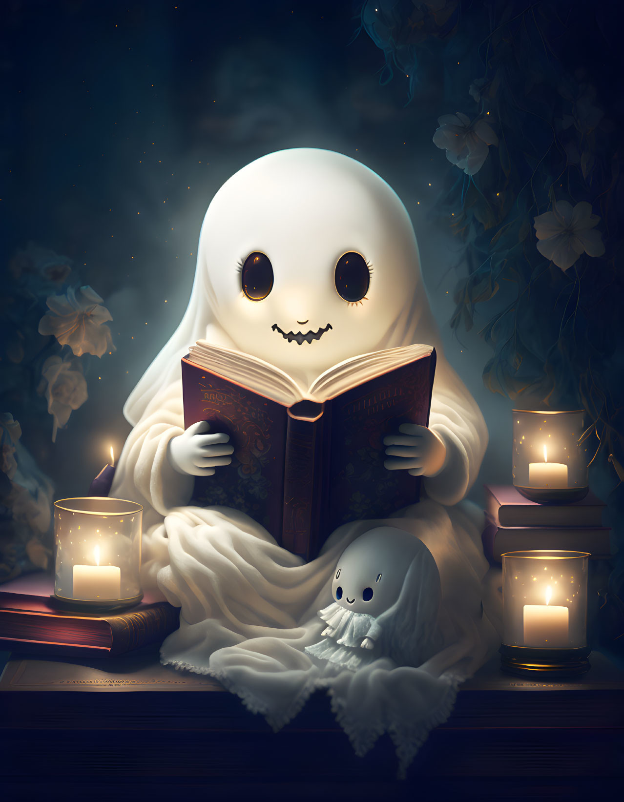 Illustration of cute ghost reading with smaller ghost in magical, candlelit setting