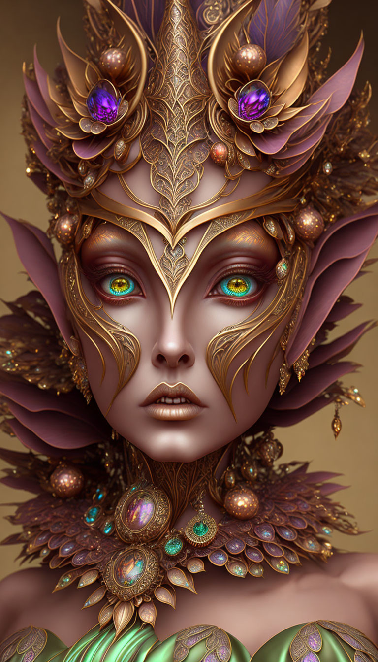 Digital artwork of person in golden headpiece with purple gems, green eyes, and peacock feather armor