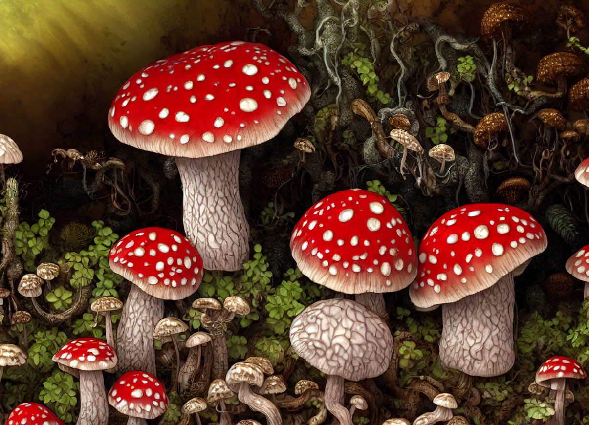 Diverse Mushrooms in Forest Setting with Red and Brown Fungi