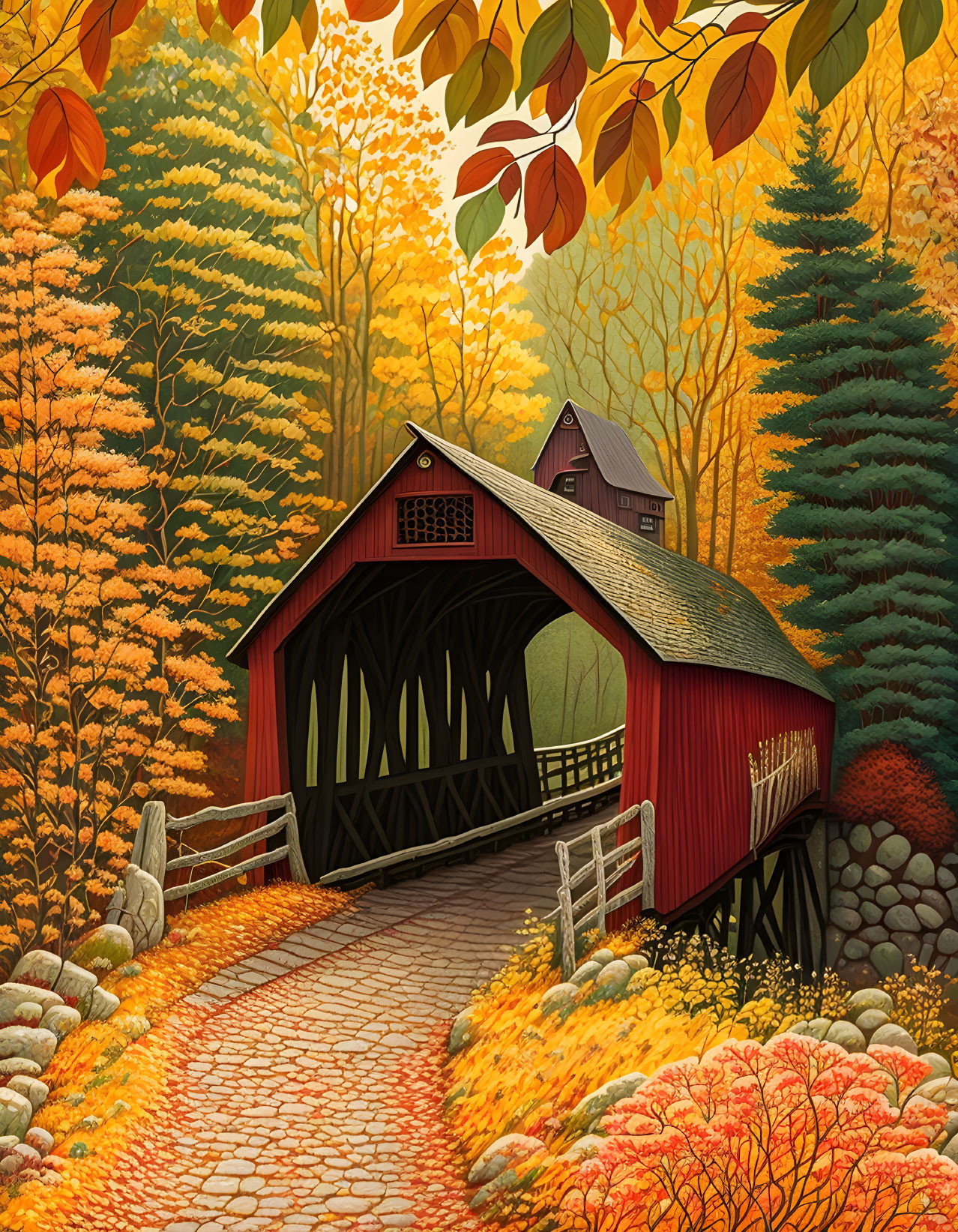 Scenic autumn landscape with red covered bridge and colorful trees