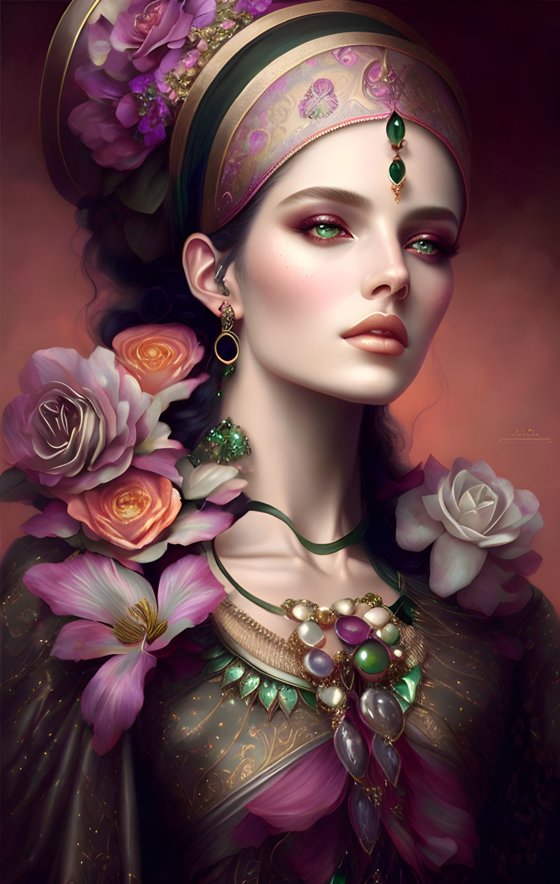 Elegant woman with floral adornments and jeweled headpiece in warm-toned digital portrait