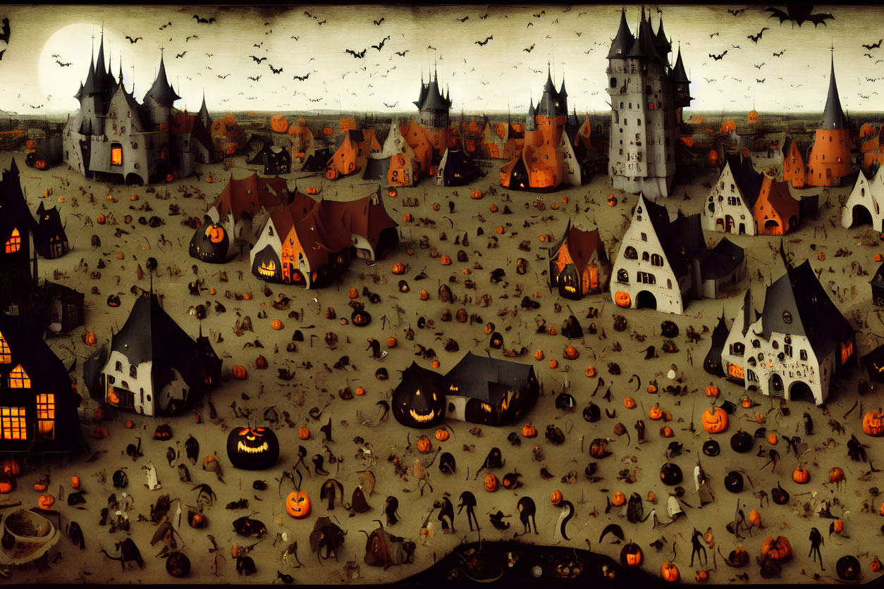 Spooky Halloween-themed village with pumpkin figures and bats