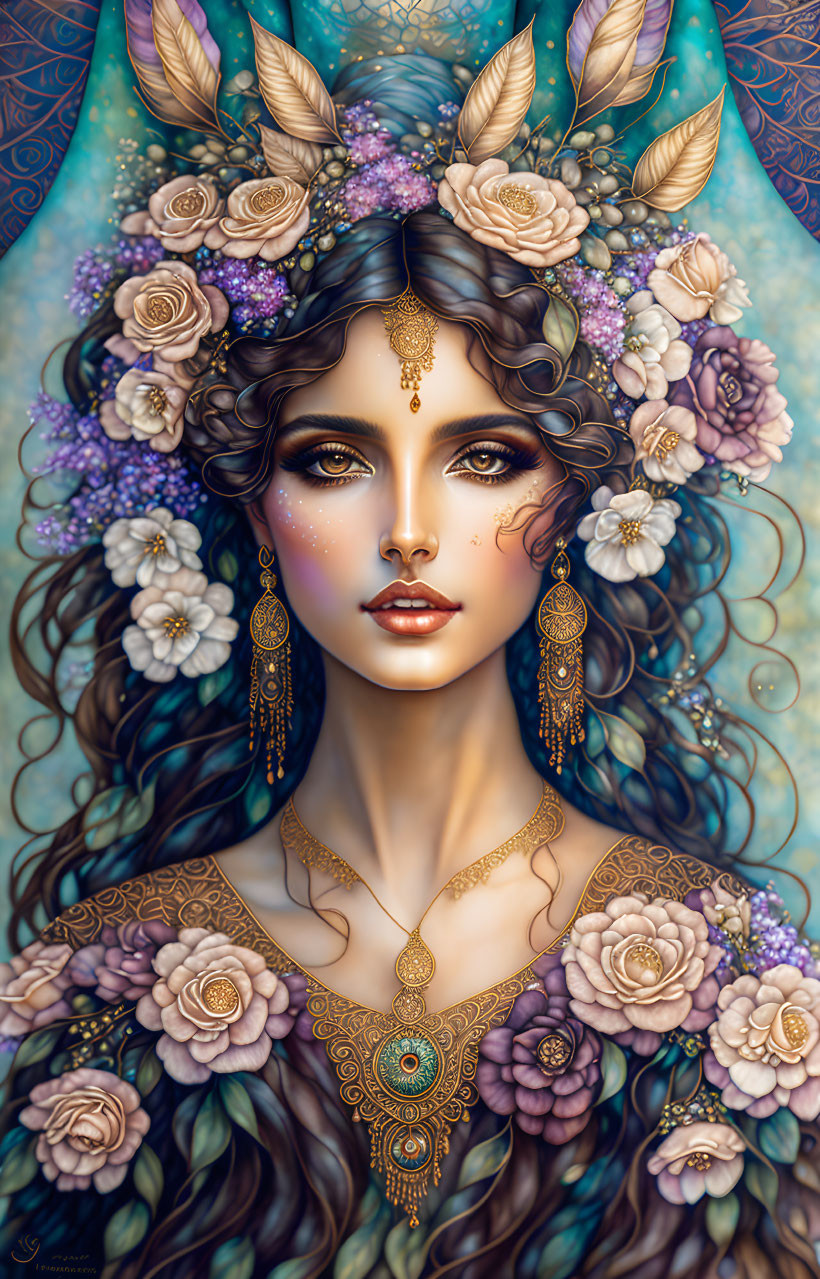 Illustrated woman with expressive eyes in floral crown and golden jewelry on blue background.