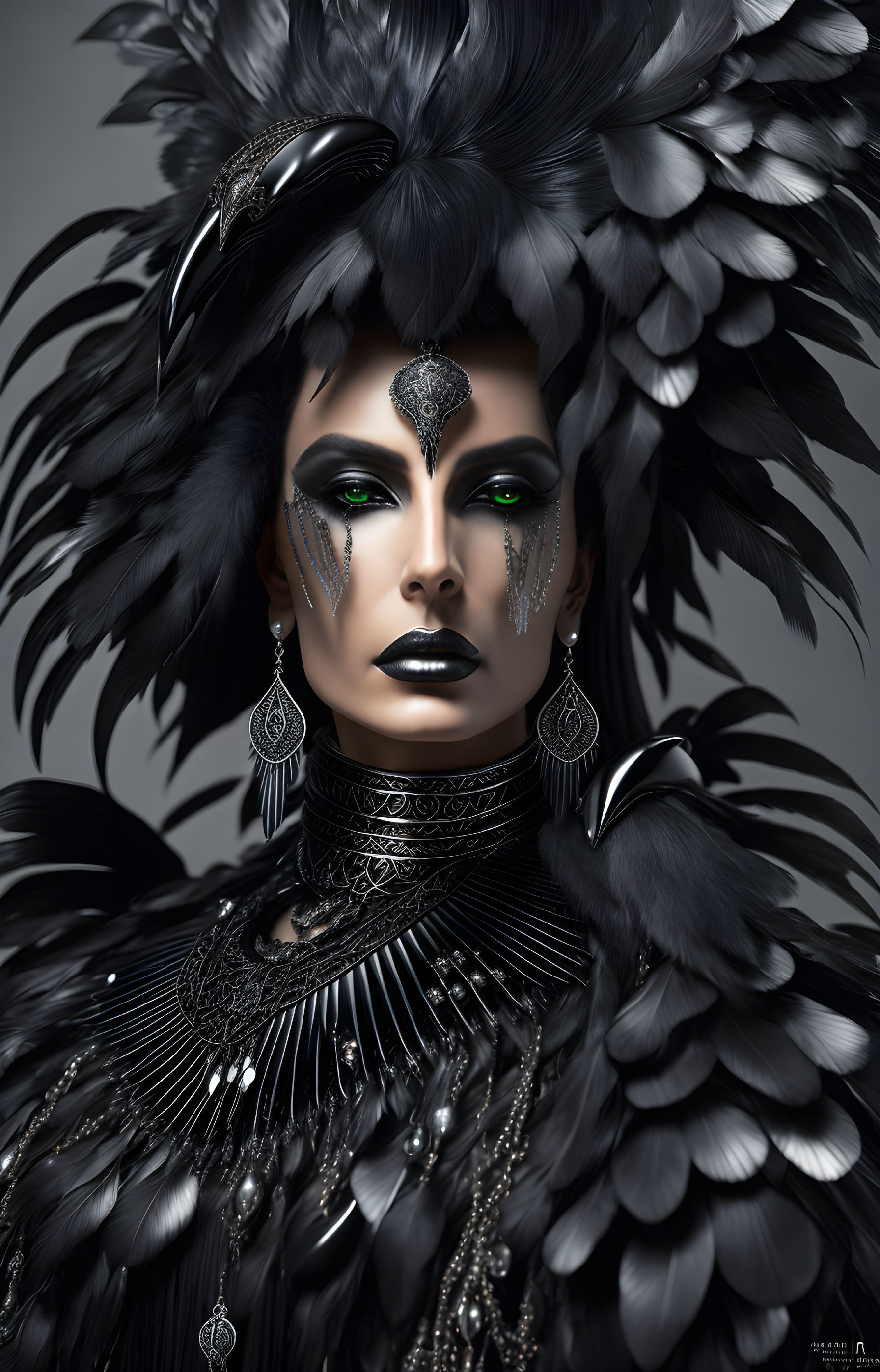 Person adorned with dramatic black feathered headdress, dark makeup with green accents, and ornate silver