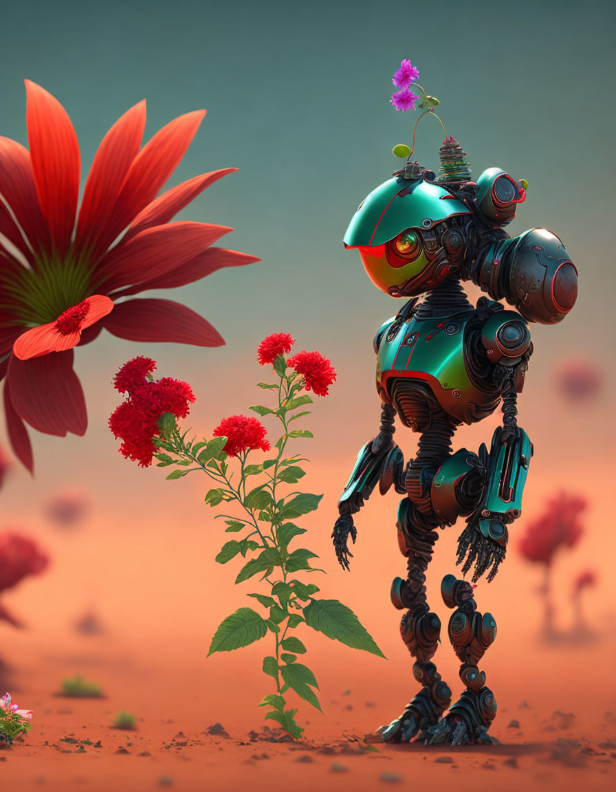 Colorful robot with flower head admiring red flower in serene setting