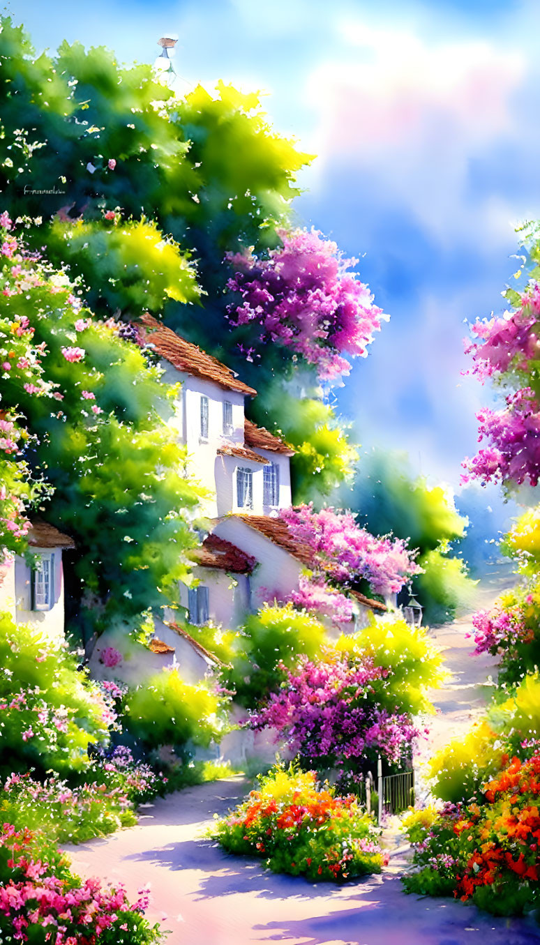 Colorful painting of white cottage in lush greenery