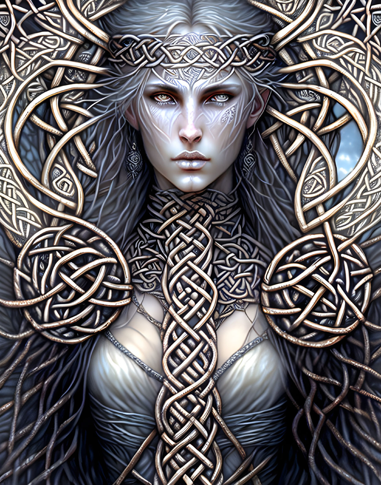 Detailed digital fantasy artwork: pale-skinned woman with Celtic knot designs & flowing hair