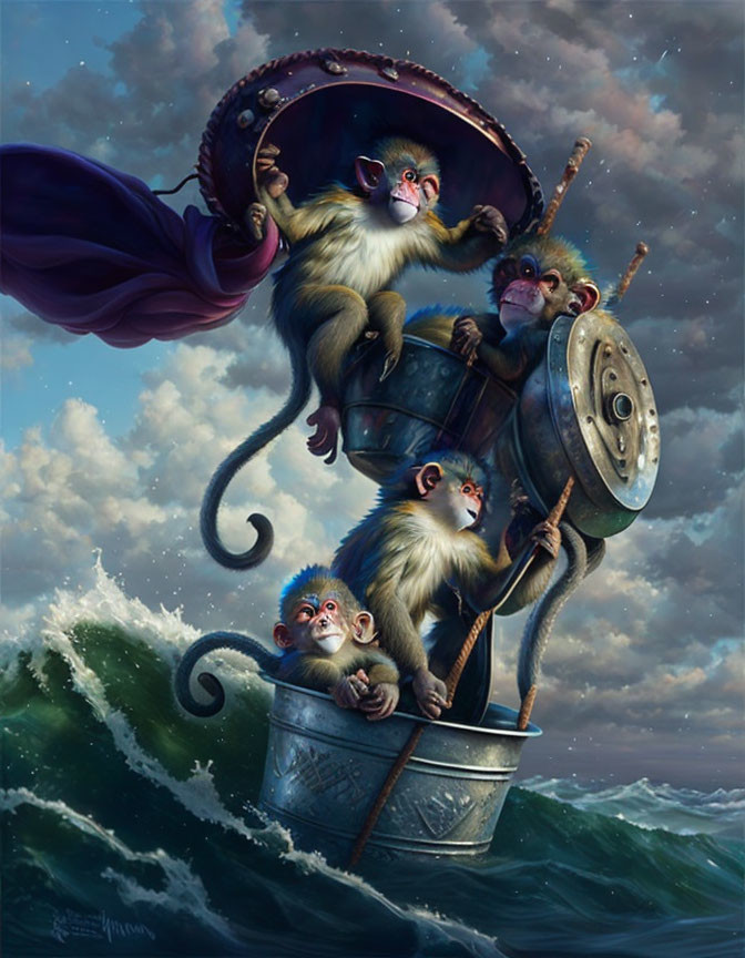 Whimsical painting of four monkeys in boat navigating rough seas