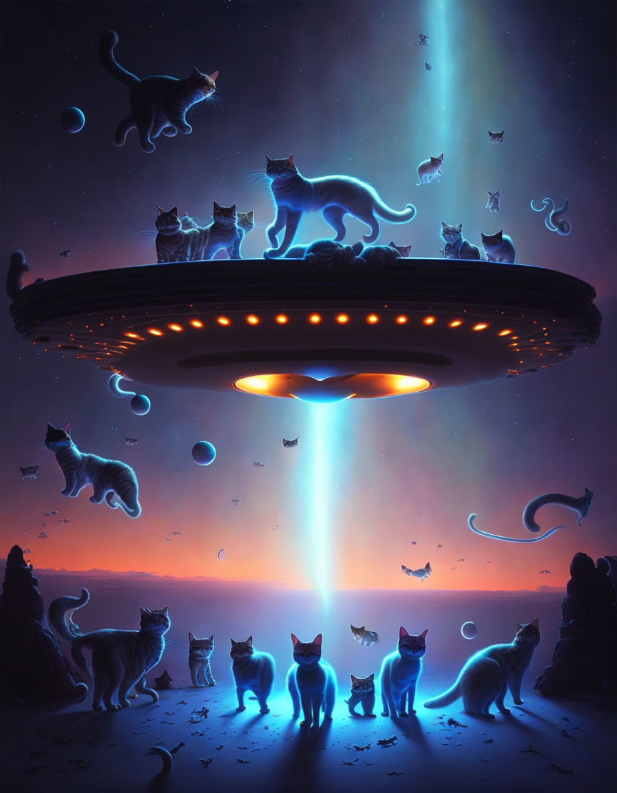 Cats on rocky terrain with UFO beaming light.