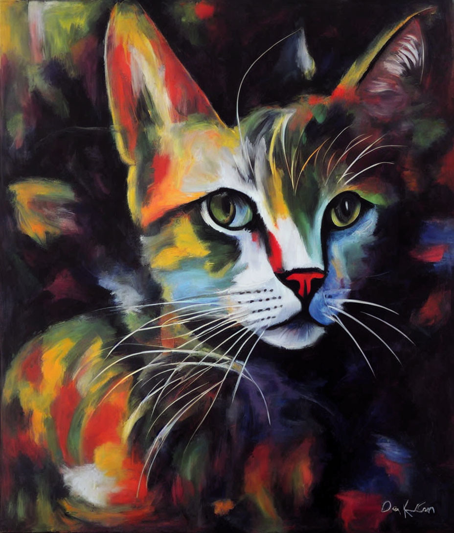 Vivid Patchwork Colors Abstract Cat Painting on Black Background