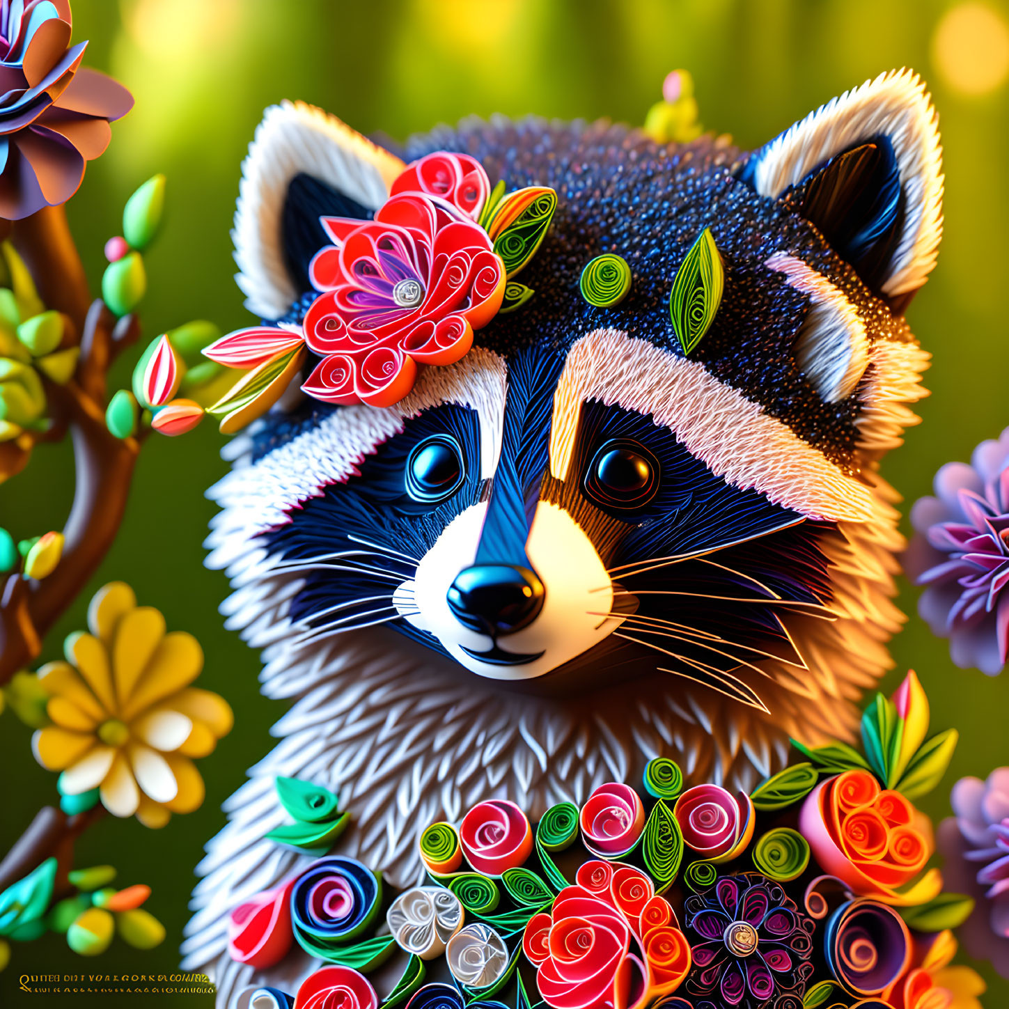 Colorful Racoon Illustration with Quilled Flowers and Bokeh Background