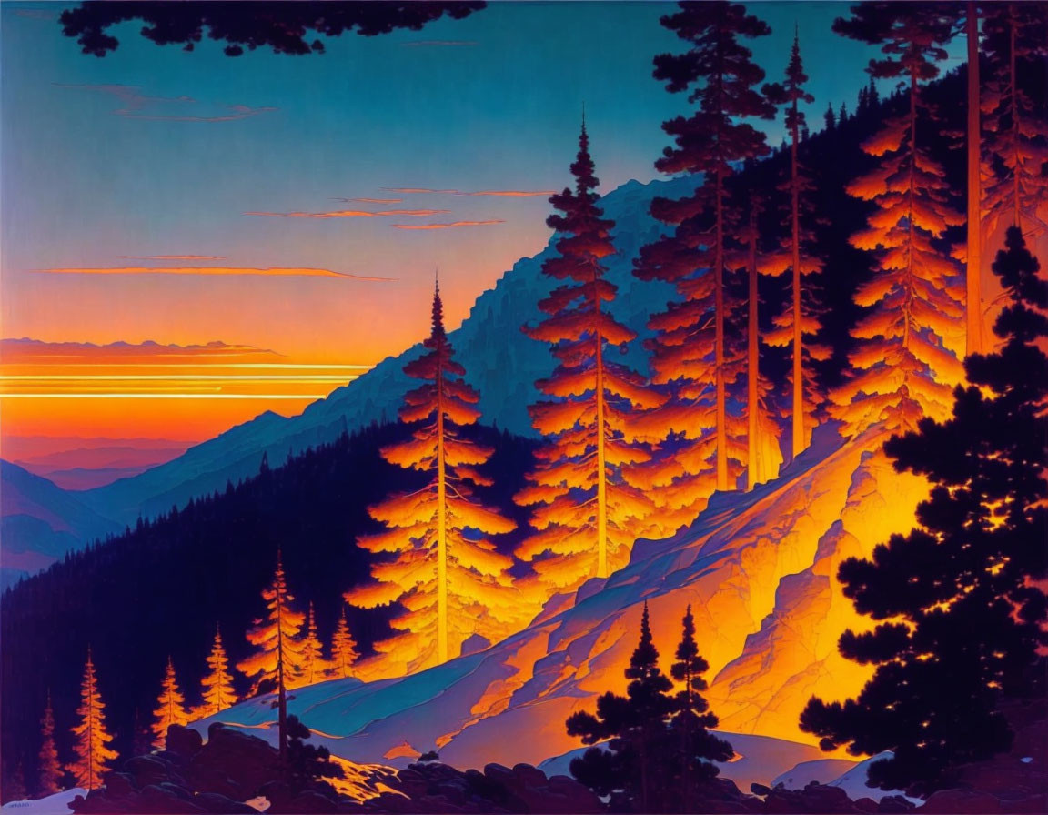 Colorful Stylized Landscape: Orange and Yellow Sunrise/Sunset with Snowy Mountains