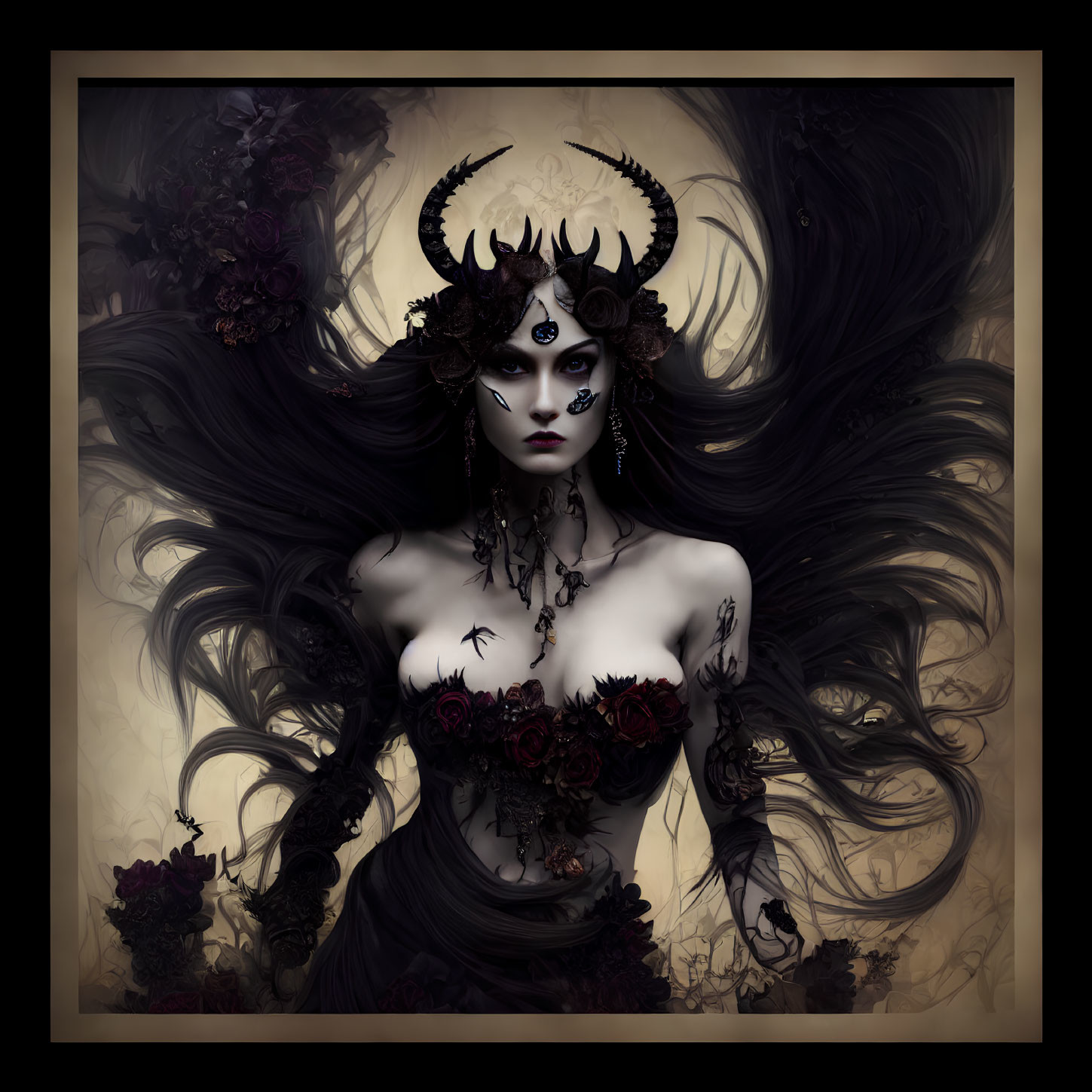 Dark-haired woman in horned headdress with roses in gothic fantasy art