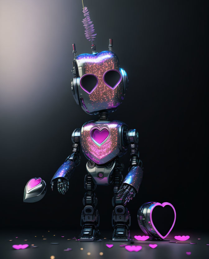 Glittery robot with heart-shaped eyes and light emitting heart symbolizes love