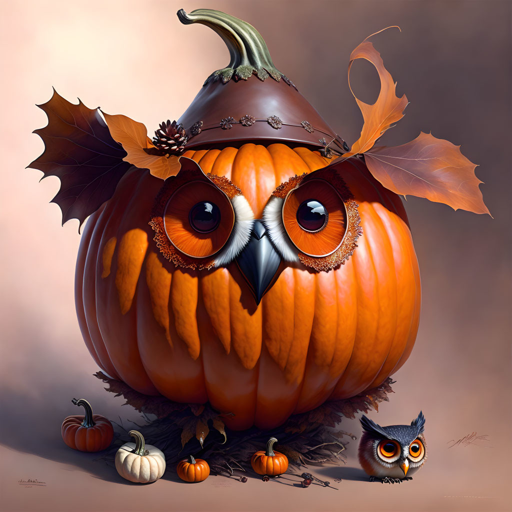 Illustrated pumpkin transformed into owl with wings and chick on moody background