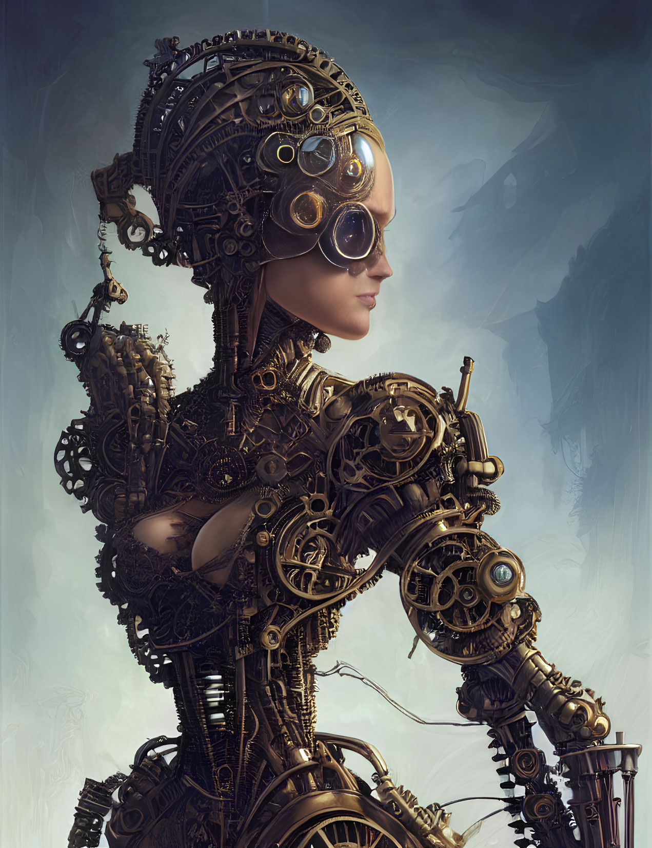 Steampunk female automaton with gears and goggles in metallic bodice