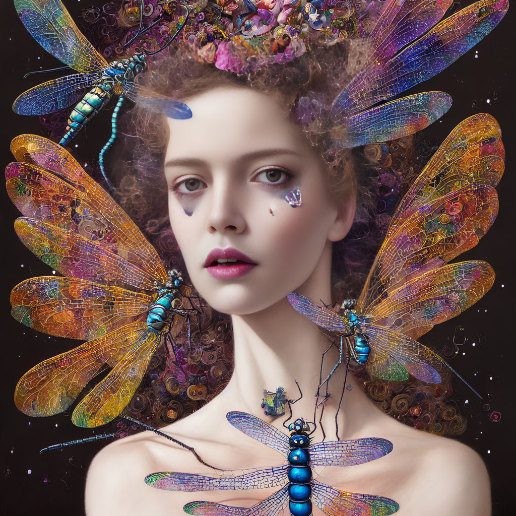 Surreal portrait of a woman with dragonfly wings and insects on dark background