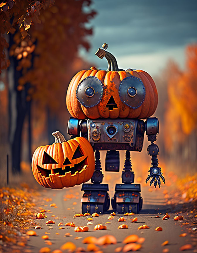 Whimsical robot with pumpkin head and torso in autumn setting.