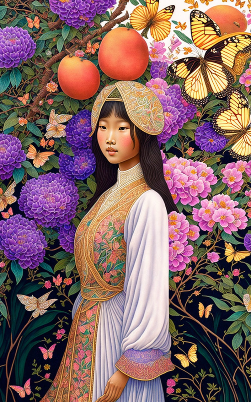 Traditional Attire Girl Surrounded by Blossoms, Butterflies, and Peaches