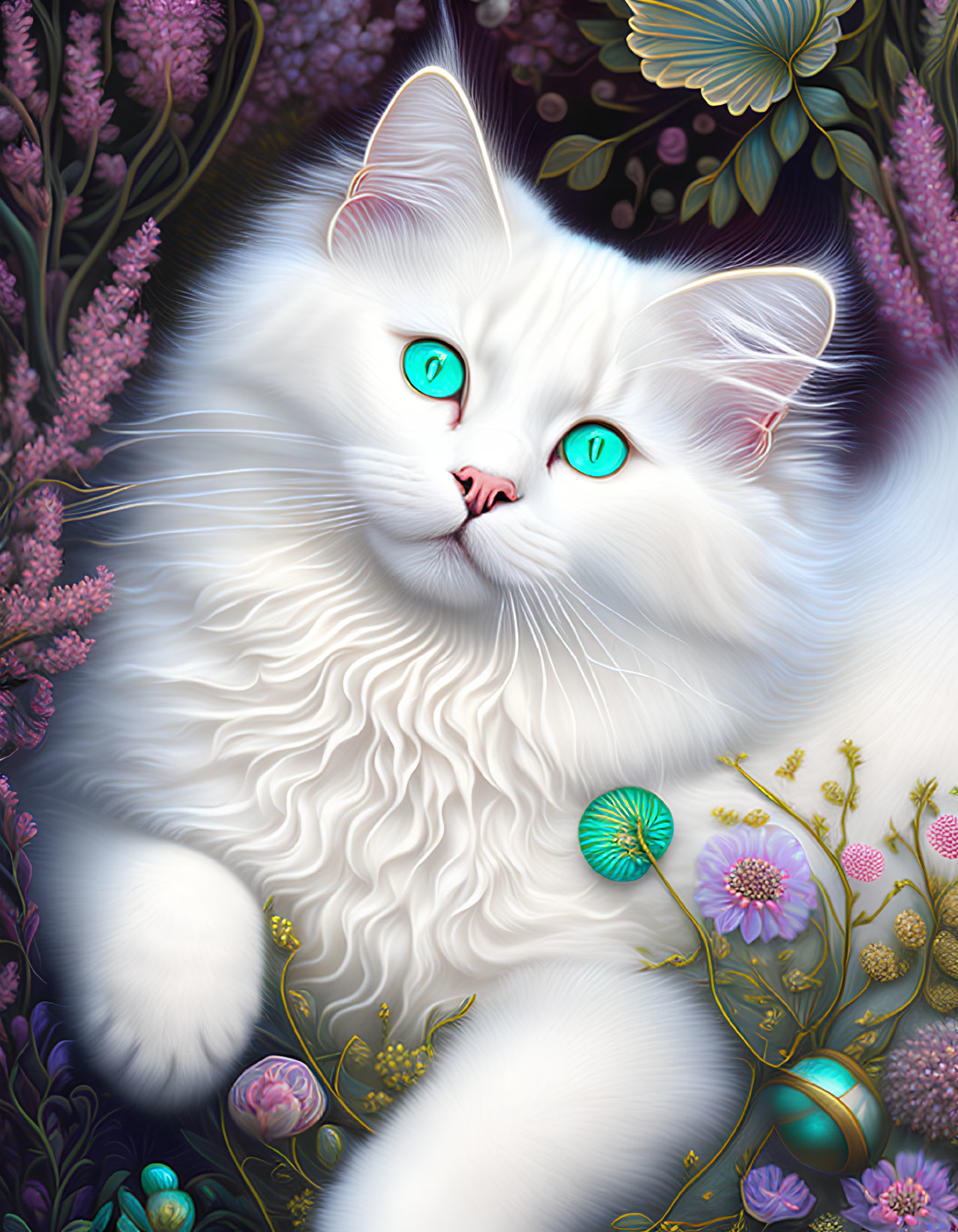 Fluffy white cat with turquoise eyes amidst purple flowers and fantasy plants