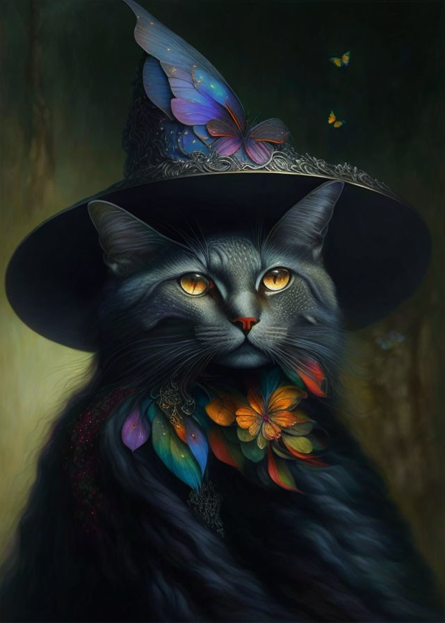 Mystical Gray Cat with Witch's Hat and Orange Eyes on Dark Background