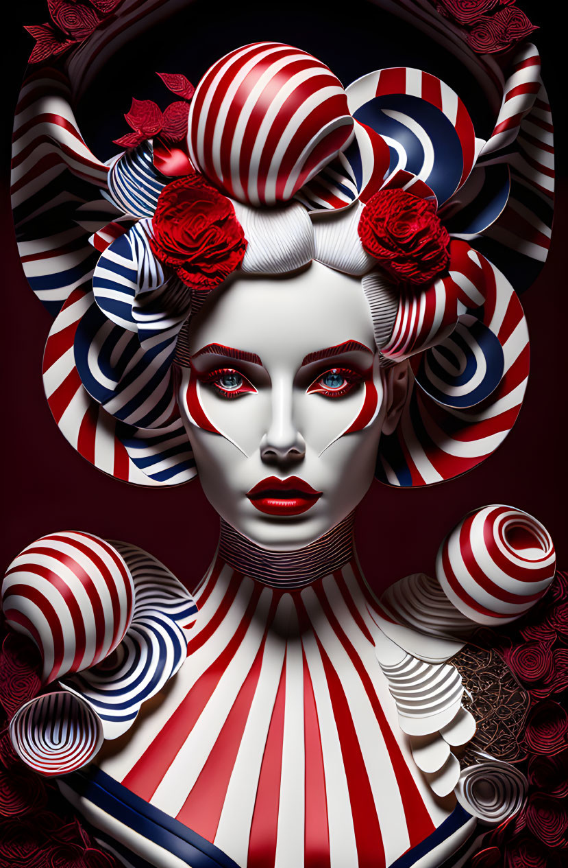 Stylized portrait with red, white, and blue swirling patterns and intense features