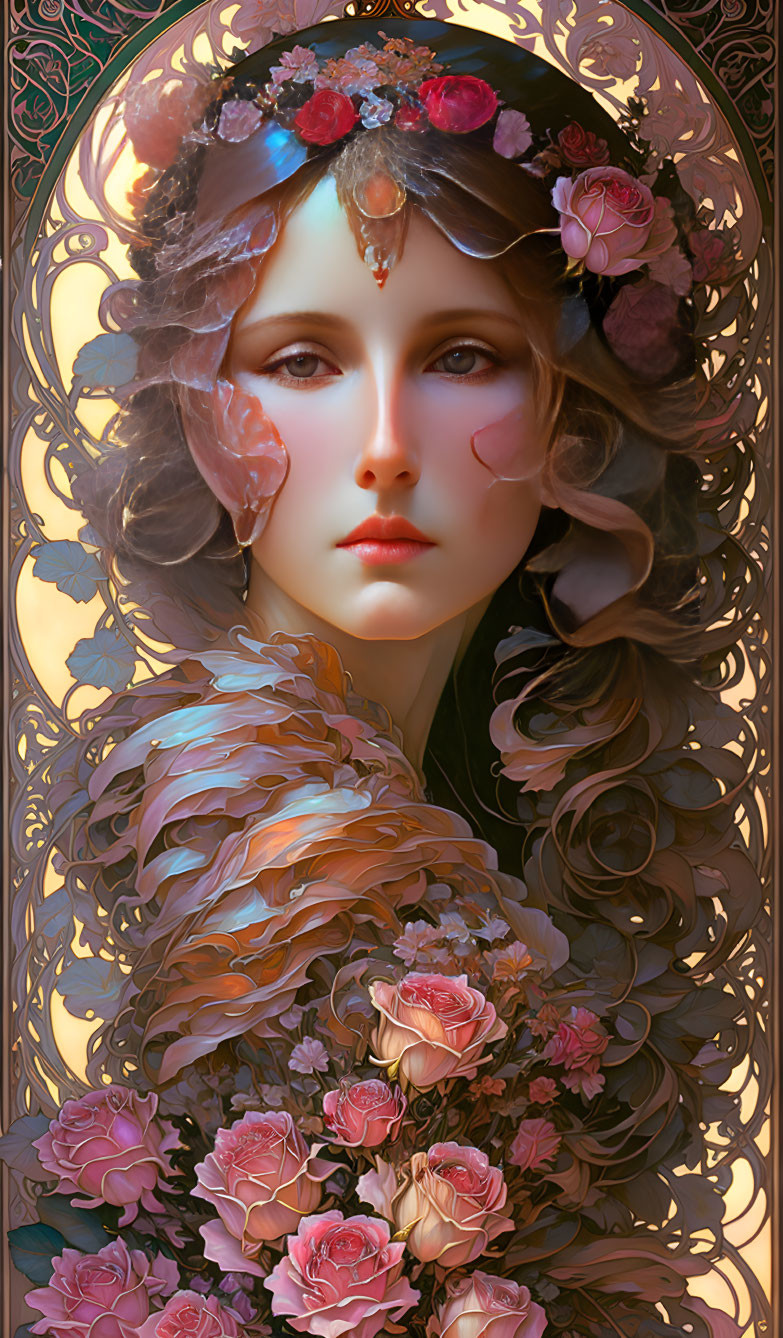 Art Nouveau-style portrait of woman with floral and feather details