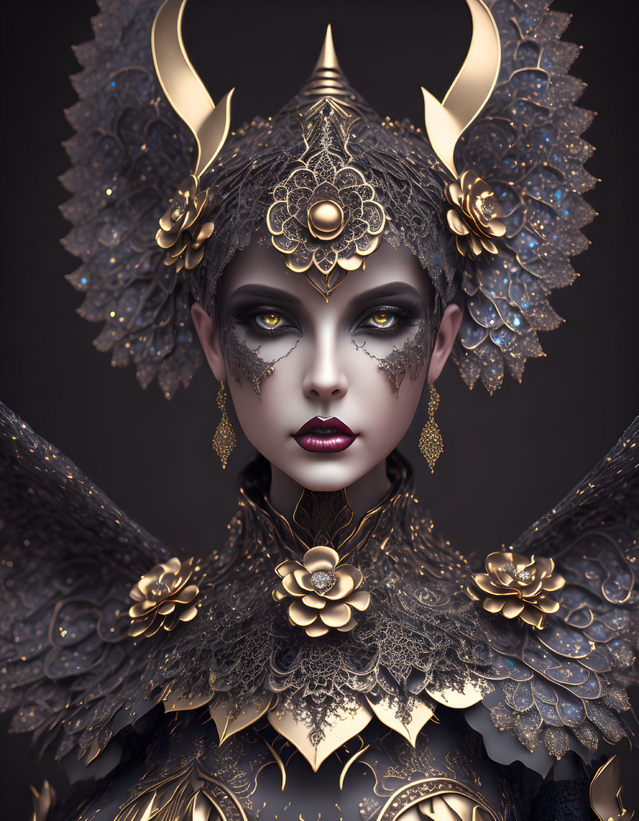 Dark fantasy character with golden horns and floral metallic adornments