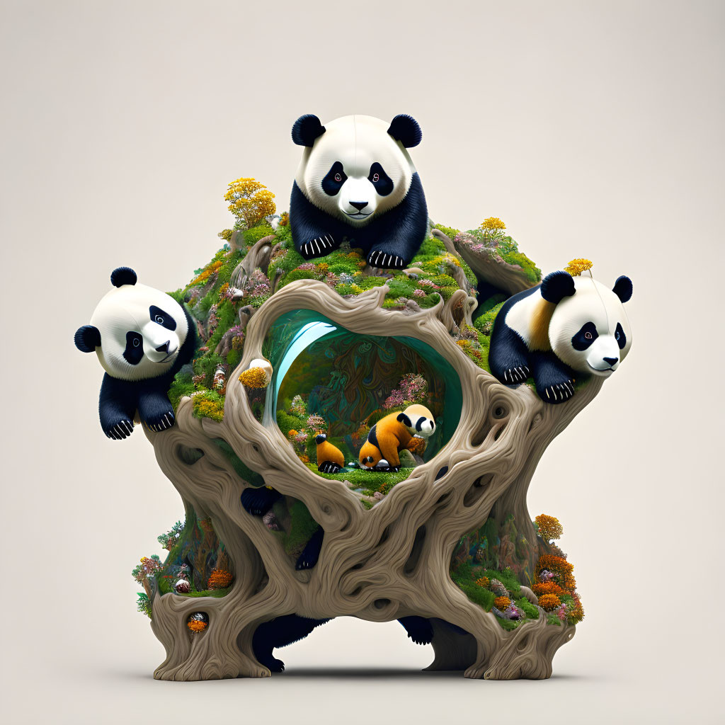 Four pandas around tree structure with colorful foliage and red panda nestled within