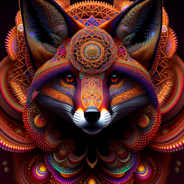 Colorful Stylized Fox Art with Mandala Designs on Dark Background