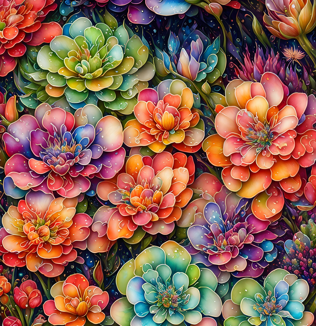 Colorful succulent plants illustration with fantasy-like details in reds, greens, blues, and pur