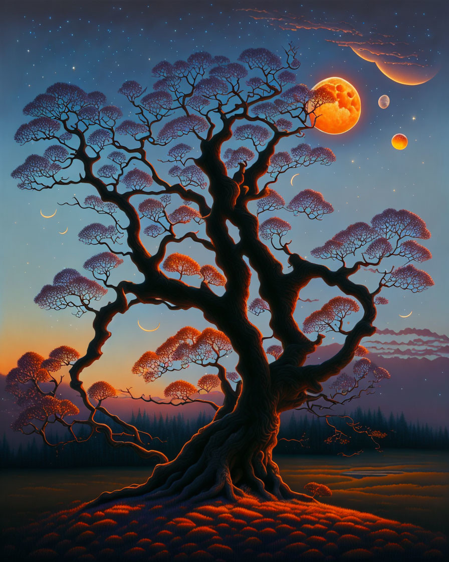 Surreal painting of twisted tree, full moon, planet, starlit sky, sunset to night