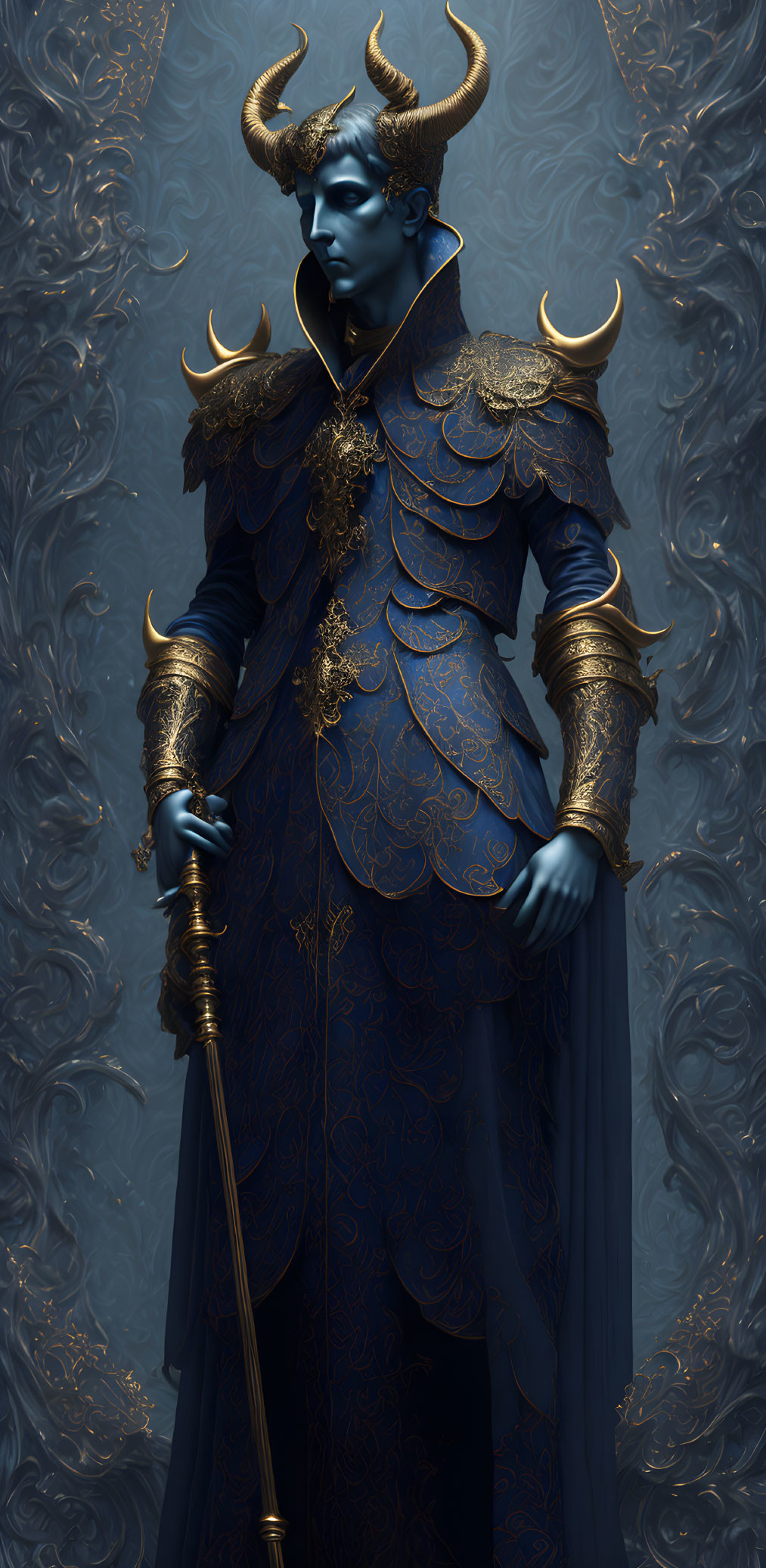 Blue-skinned regal figure in ornate armor with staff on embossed blue background