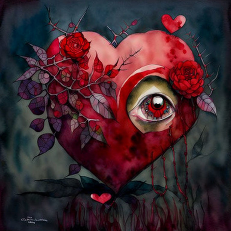 Illustration of heart with eye, red roses, thorny vines, dark background