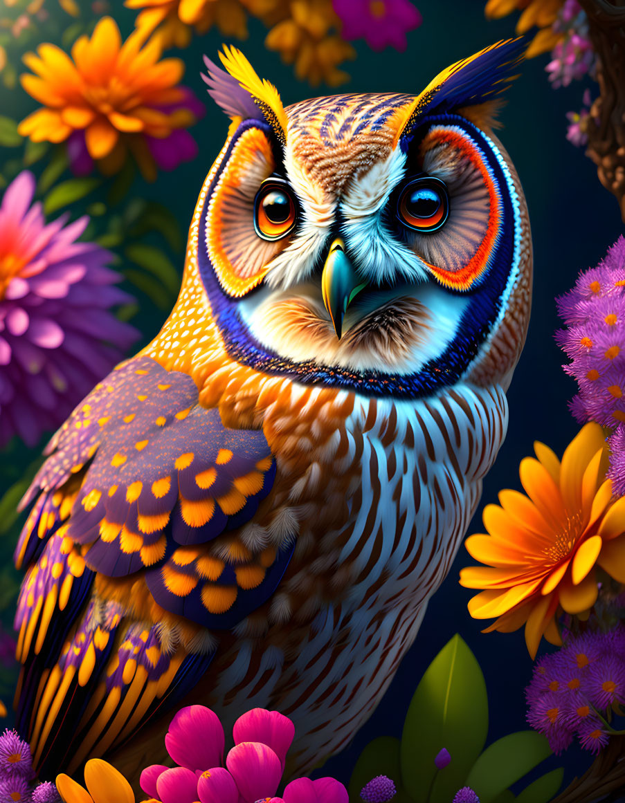 Colorful Owl Artwork with Floral Background in Digital Format