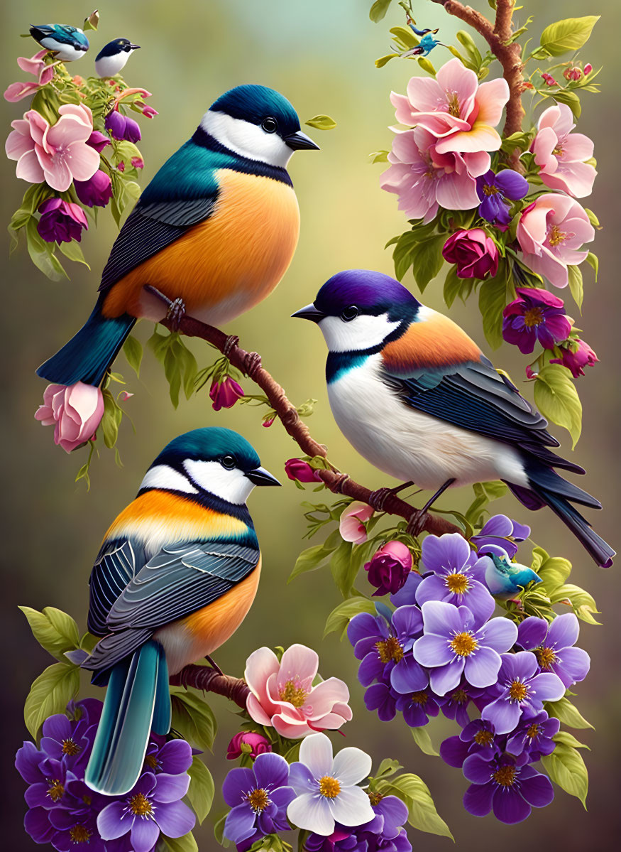 Colorful Birds Perched on Flowered Branches in Soft-focus Scene