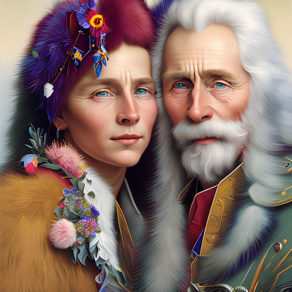 Detailed digital artwork of young woman and older man in vibrant, colorful attire