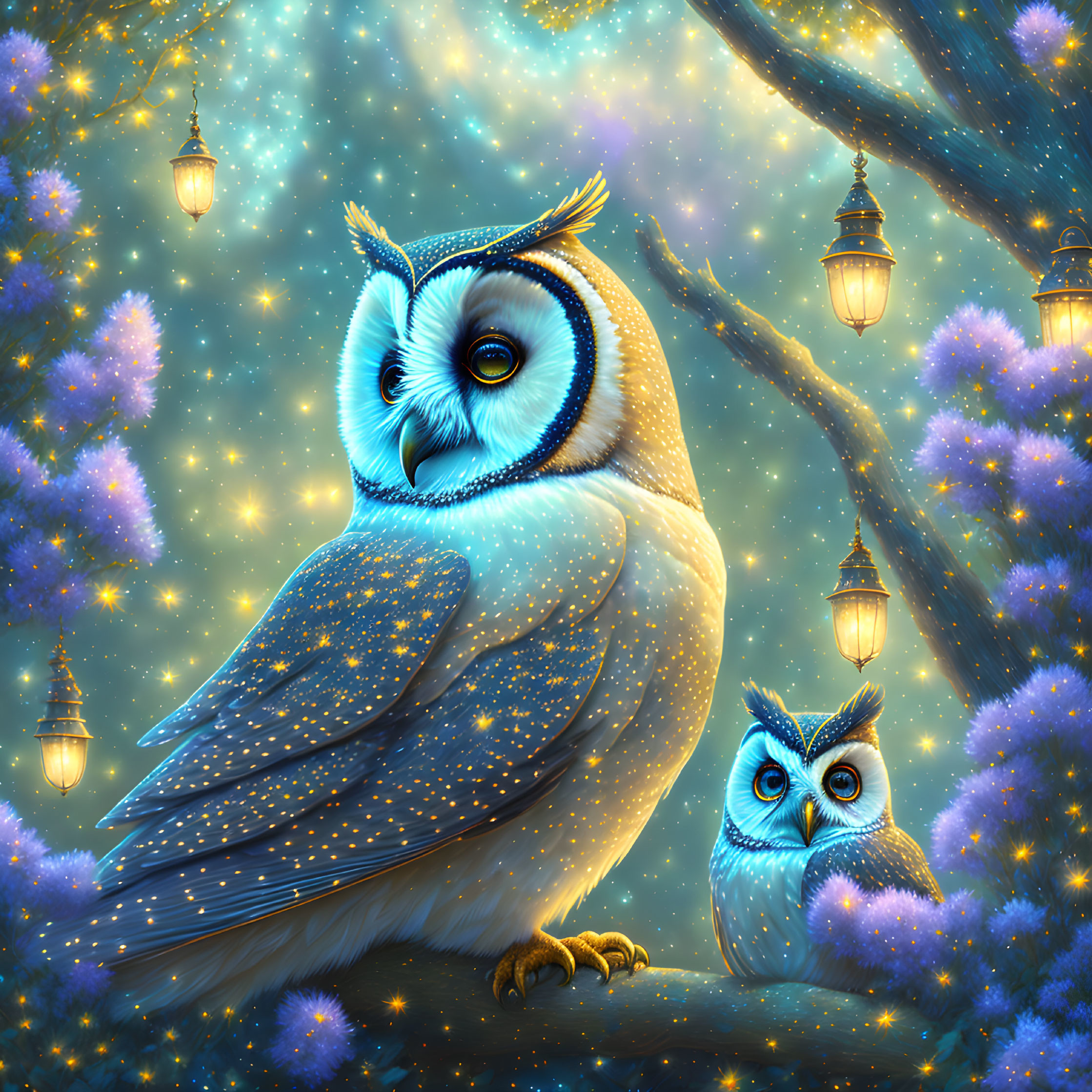 Illustration of glowing star-patterned owls in lantern-lit, mystical forest