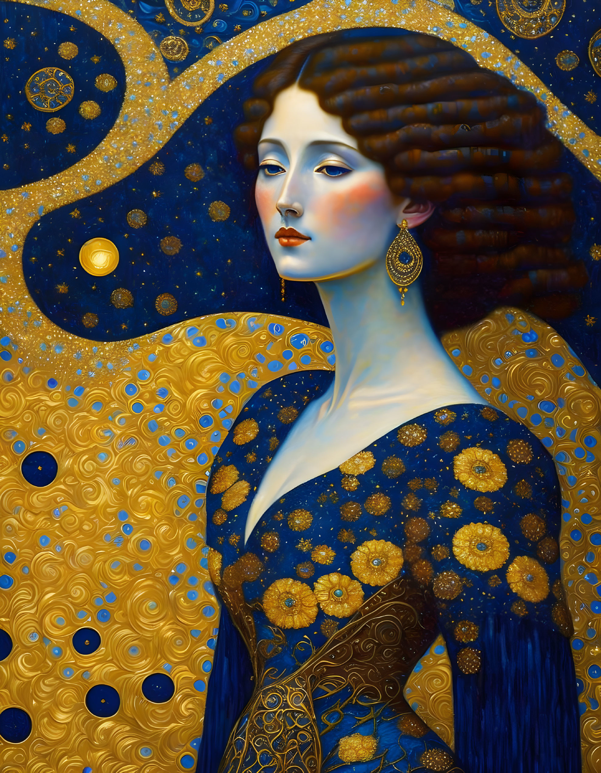 Artistic painting of woman with starry motifs and golden floral patterns in Van Gogh-esque night sky