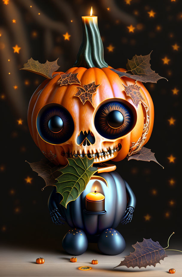 Whimsical pumpkin-headed character with candle in hand among autumn leaves and stars