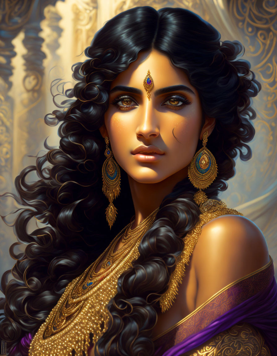 Illustration: Woman with voluminous black hair, gold jewelry, purple garment