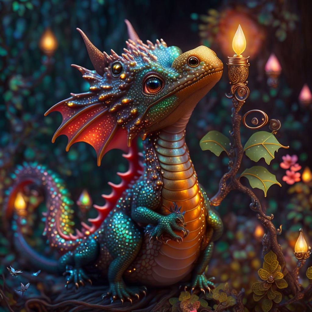 Colorful Dragon Holding Candlestick in Magical Forest